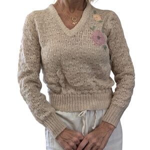 Vintage Golden Touch Beige Knit Sweater Floral Embroidered V-Neck M